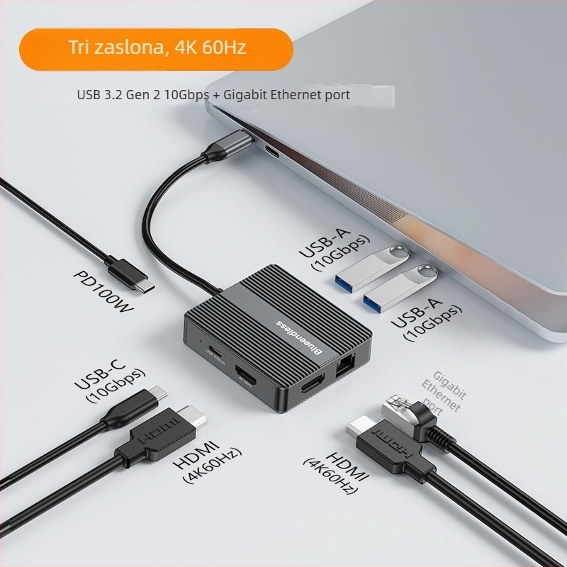 Lanshuo Hd706/Hp706 Dvostruka HDMI docking stanica s 4K60Hz prikazom za tri zaslona, Gigabit Ethernet, USB 3.2, kabel 0.15 m, bez vanjskog napajanja