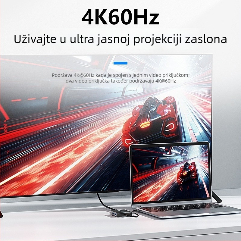 Lanshuo Hd706/Hp706 Dvostruka HDMI docking stanica s 4K60Hz prikazom za tri zaslona, Gigabit Ethernet, USB 3.2, kabel 0.15 m, bez vanjskog napajanja