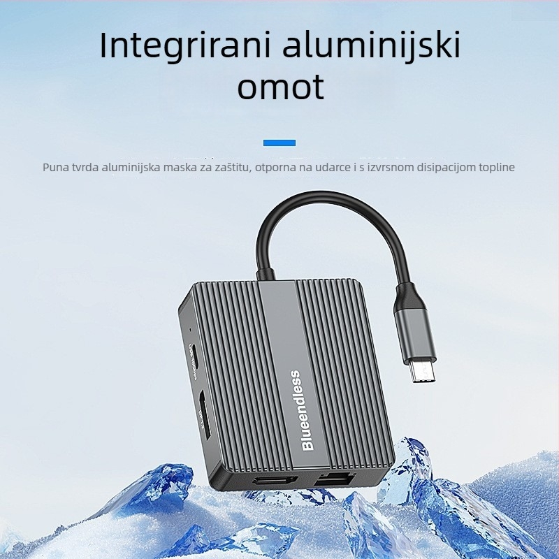 Lanshuo Hd706/Hp706 Dvostruka HDMI docking stanica s 4K60Hz prikazom za tri zaslona, Gigabit Ethernet, USB 3.2, kabel 0.15 m, bez vanjskog napajanja