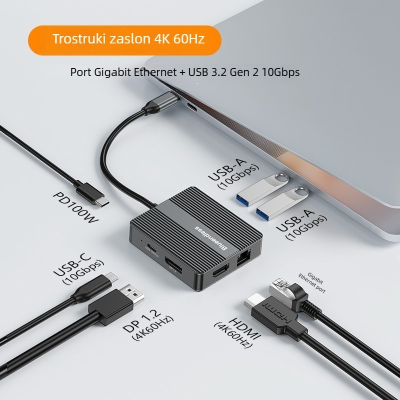 Lanshuo Hd706/Hp706 Dvostruka HDMI docking stanica s 4K60Hz prikazom za tri zaslona, Gigabit Ethernet, USB 3.2, kabel 0.15 m, bez vanjskog napajanja