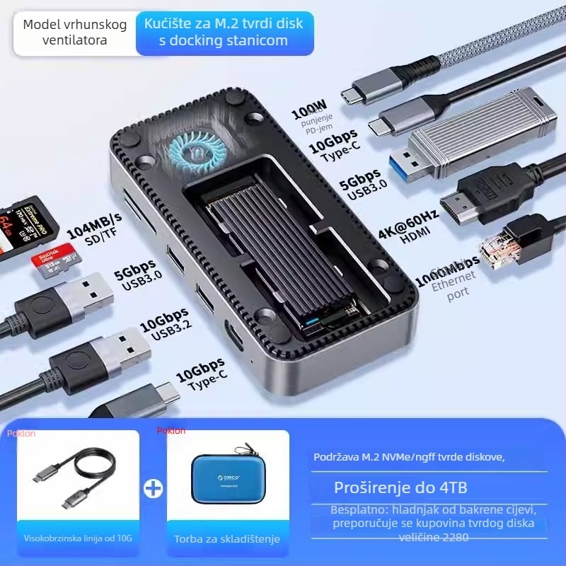 Orico DPM2p9 s ventilatorom – kućište za M.2 disk, stolna Thunderbolt 3 docking stanica, Type-C sučelje, bez vanjskog napajanja