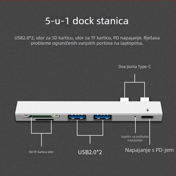 XSOON XS819 Type-C docking stanica, 5-u-1, USB 2.0, napajanje preko sabirnice, kabel 0,1 m