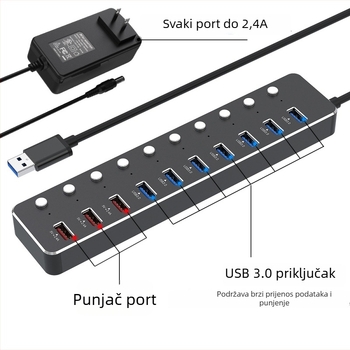 USB 3.0 hub s 10 portova i neovisnim prekidačem, aluminijsko kućište, USB napajanje, kabel 60 cm