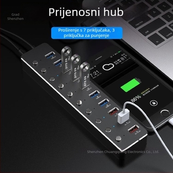 USB 3.0 hub s 10 portova i neovisnim prekidačem, aluminijsko kućište, USB napajanje, kabel 60 cm