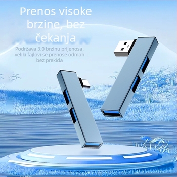 Type-C docking stanica, kutni pretvarač hub splitter, USB 3.0, metalno kućište, 1–3 porta, duljina kabla 6,6 mm