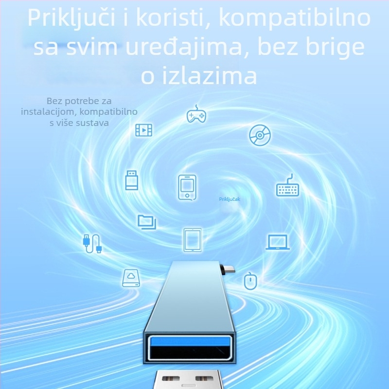 Type-C docking stanica, kutni pretvarač hub splitter, USB 3.0, metalno kućište, 1–3 porta, duljina kabla 6,6 mm