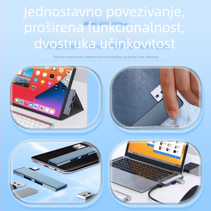 Type-C docking stanica, kutni pretvarač hub splitter, USB 3.0, metalno kućište, 1–3 porta, duljina kabla 6,6 mm