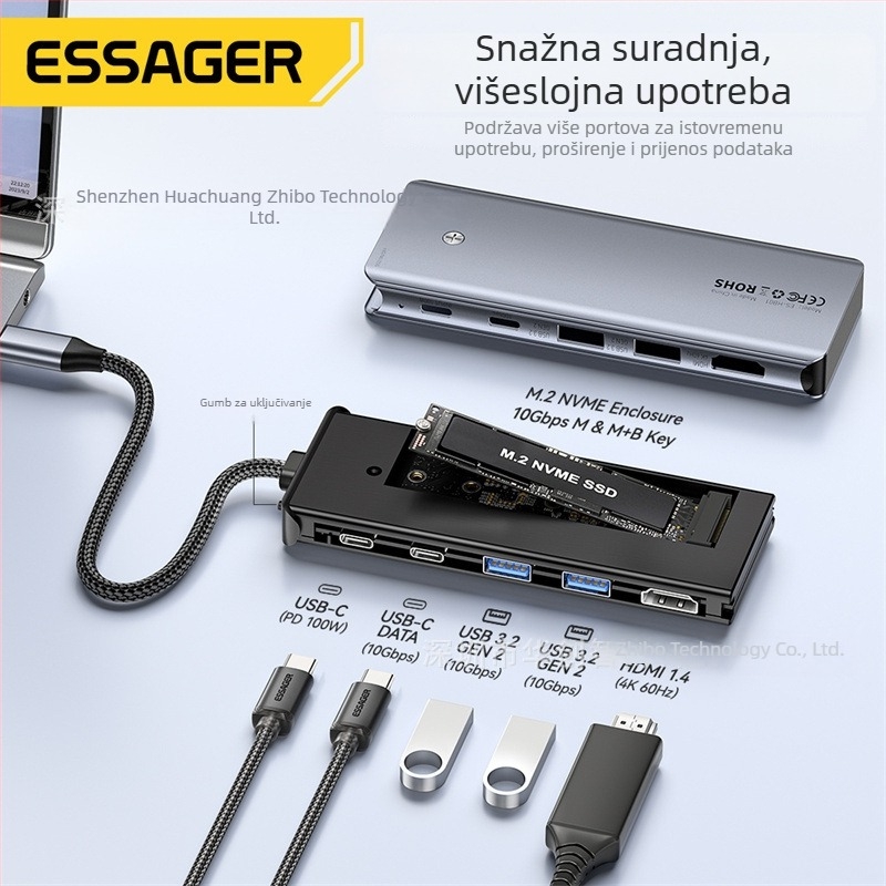ESSAGER ES-HB01 M.2 docking stanica s USB-C hubom, ugrađeni M.2 SSD kućište, bez vanjskog napajanja, 10 Gbps