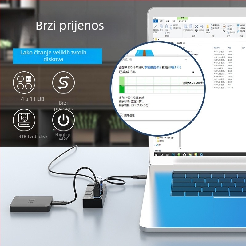 Miyitong G4 USB 3.2 Gen2 hub 1-4 portova, 10 Gbps, vanjsko napajanje