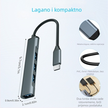 USB 3.0 hub s 4 porta, napajanje preko USB-a, 9 cm kabel, 5 Gbps