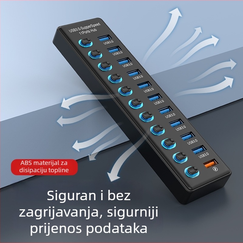 Miyitong 610 USB hub s 10 porta – USB 3.2 Gen1, 5 Gbps, s vanjskim napajanjem
