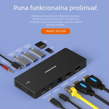 Type-C docking stanica s dvostrukim DP i HDMI, multi-monitor 4K60Hz hub, 10Gbps, USB 3.1, kabel 1 m