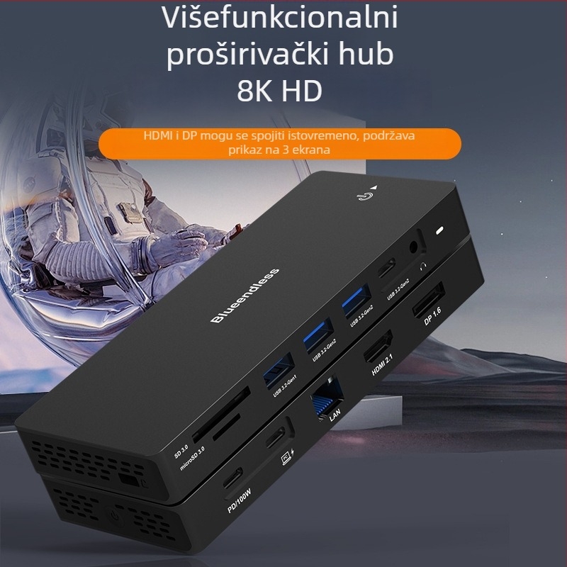 Type-C docking stanica s dvostrukim DP i HDMI, multi-monitor 4K60Hz hub, 10Gbps, USB 3.1, kabel 1 m