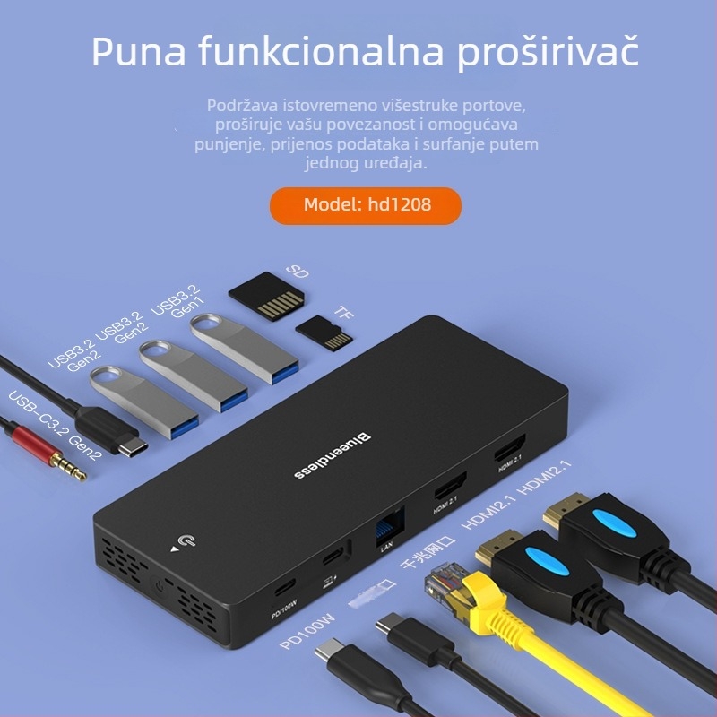 Type-C docking stanica s dvostrukim DP i HDMI, multi-monitor 4K60Hz hub, 10Gbps, USB 3.1, kabel 1 m