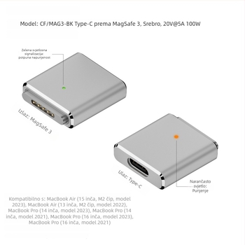 Type-C ženski na MagSafe 3 adapter – 100W PD, MagSafe3 kompatibilan, OEM