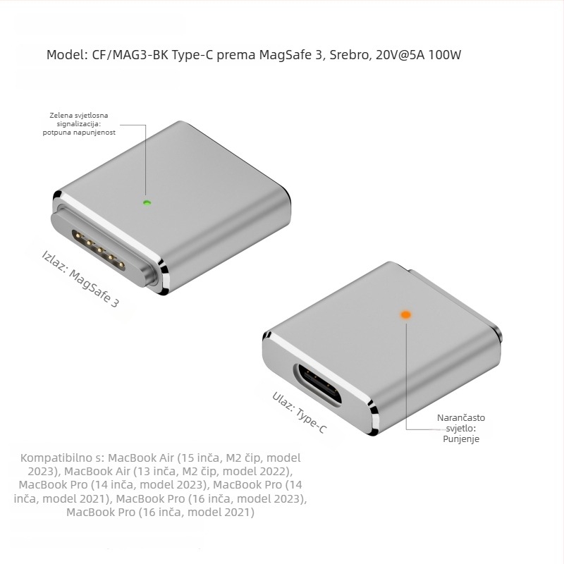 Type-C ženski na MagSafe 3 adapter – 100W PD, MagSafe3 kompatibilan, OEM