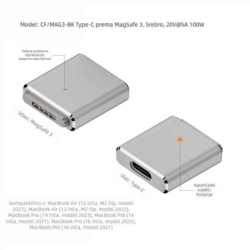 Type-C ženski na MagSafe 3 adapter – 100W PD, MagSafe3 kompatibilan, OEM