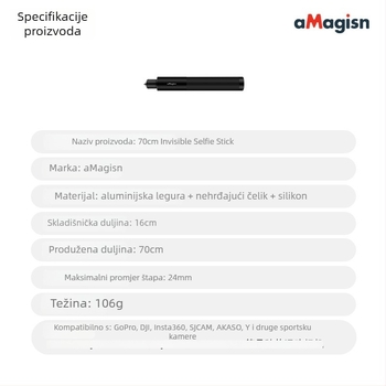 Amagisn Nevidljiva selfie štapa – Straight-Pull dizajn, aluminijska legura, kompatibilan s Insta360 One X2, One RS, GoPro Max i DJI