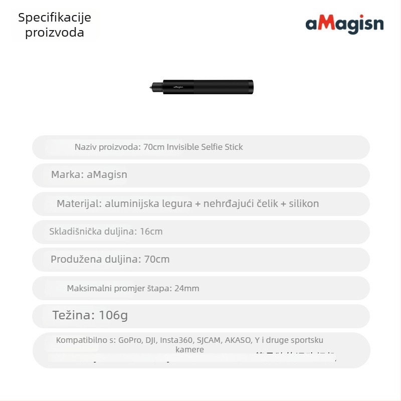 Amagisn Nevidljiva selfie štapa – Straight-Pull dizajn, aluminijska legura, kompatibilan s Insta360 One X2, One RS, GoPro Max i DJI