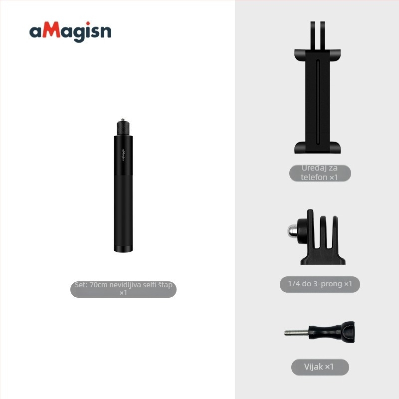Amagisn Nevidljiva selfie štapa – Straight-Pull dizajn, aluminijska legura, kompatibilan s Insta360 One X2, One RS, GoPro Max i DJI