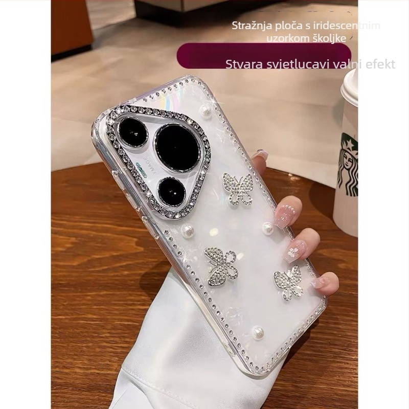 Kryt za telefon s rhinestones i perlom u obliku leptira za Huawei Pura70 Pro i Pura80, s uzorkom školjke Ultra