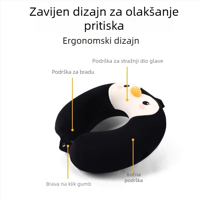 Jastuk za vrat u obliku U s dizajnom crtani pingvin, punilo PP pamuk, materijal poliester, za putovanja avionom i ured