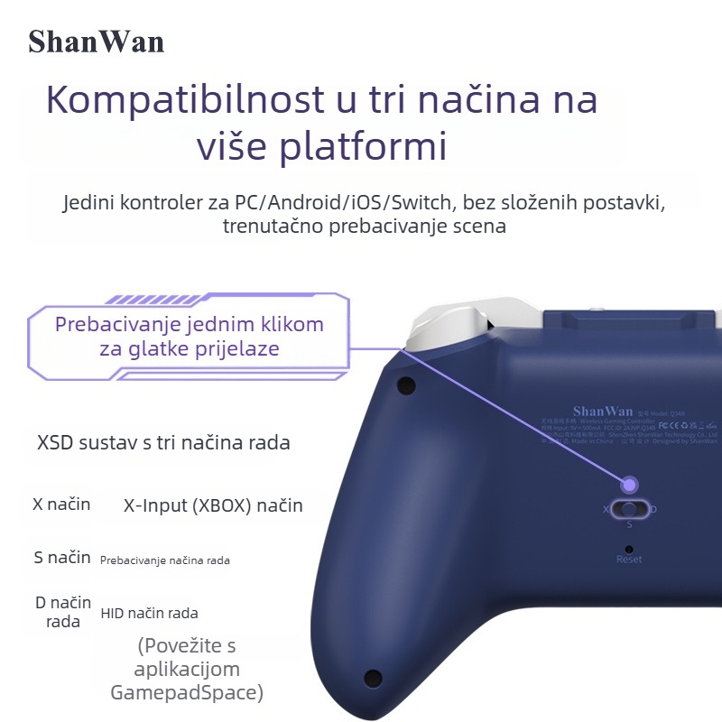 Shanwan Q34B gaming kontroler, tri načina, dvostruki Hall joystick, trostruka prilagodba načina, šestosični senzor kretanja, Bluetooth i Type-C, kompatibilan s PC-om, Apple, Android, SWITCH