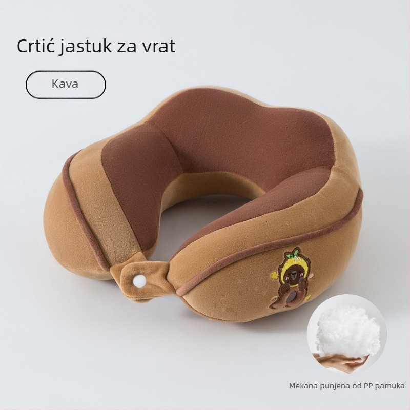 Četverostruko U-oblikovani jastuk za vrat za ured i putovanja — punilo PP pamuk, mekani spandex materijal, karikaturni stil, prijenosni jastuk za putovanje