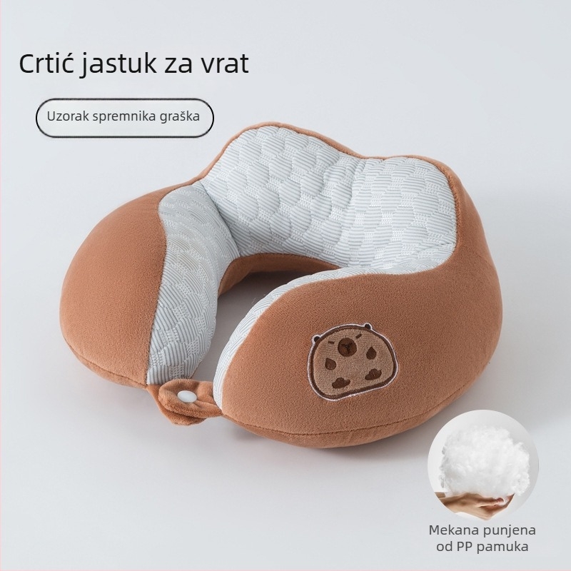 Četverostruko U-oblikovani jastuk za vrat za ured i putovanja — punilo PP pamuk, mekani spandex materijal, karikaturni stil, prijenosni jastuk za putovanje