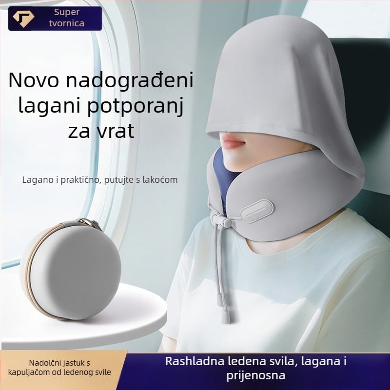 U-oblik jastuka za vrat s kapuljačom, memorijska pjena, ice silk tkanina, prijenosno za putovanja, za spavanje u zrakoplovu