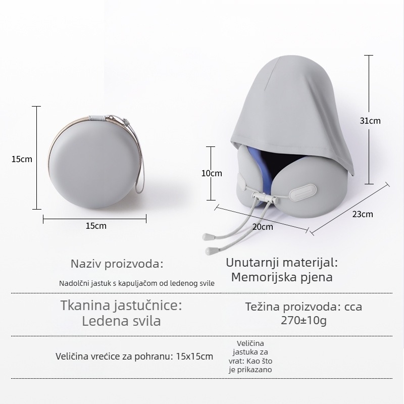U-oblik jastuka za vrat s kapuljačom, memorijska pjena, ice silk tkanina, prijenosno za putovanja, za spavanje u zrakoplovu
