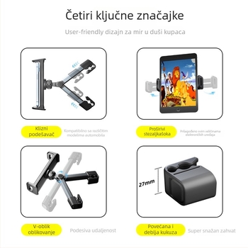 Držač za telefon i tablet na stražnjoj naslonjači automobila — univerzalan, Snap-On ugradnja, za stražnji naslon, drži telefon i tablet, prilagodljiv (univerzalno; Snap-On ugradnja; stražnji naslon; drži telefon i tablet; prilagodljiv)