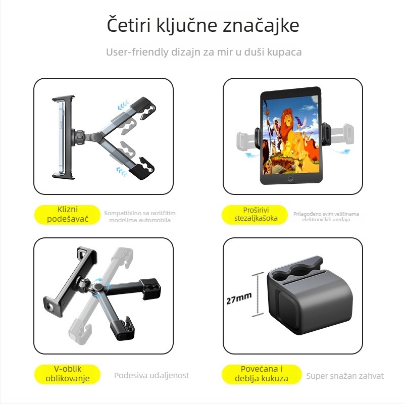 Držač za telefon i tablet na stražnjoj naslonjači automobila — univerzalan, Snap-On ugradnja, za stražnji naslon, drži telefon i tablet, prilagodljiv (univerzalno; Snap-On ugradnja; stražnji naslon; drži telefon i tablet; prilagodljiv)