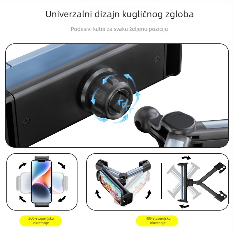 Držač za telefon i tablet na stražnjoj naslonjači automobila — univerzalan, Snap-On ugradnja, za stražnji naslon, drži telefon i tablet, prilagodljiv (univerzalno; Snap-On ugradnja; stražnji naslon; drži telefon i tablet; prilagodljiv)