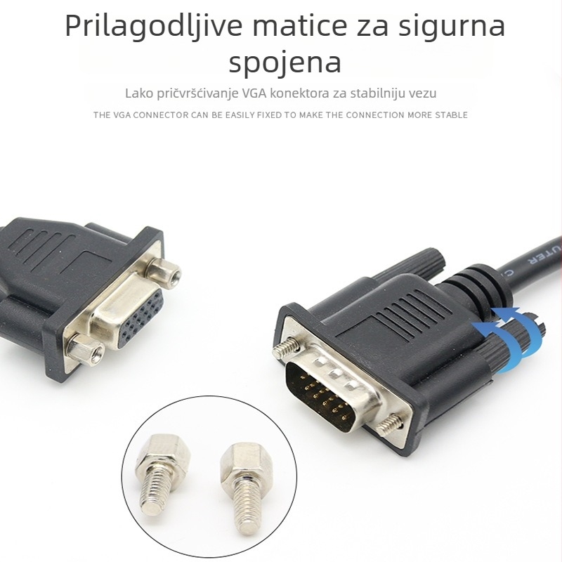 VGA produžni kabel s pomičnim navojem, 30 cm, VGA3+6 HD video kabel, bakar bez oksidacije