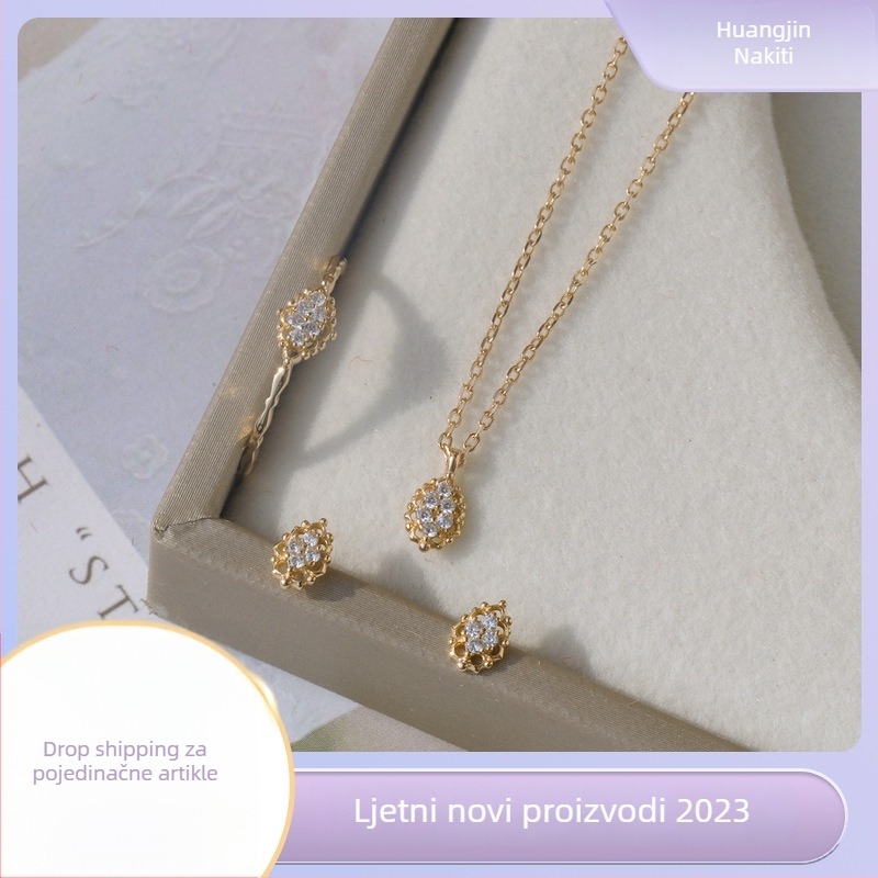 Set nakita: prsten, ogrlica i stud naušnice – srebro 925, 14K premaz, križasti lanac, privjesci u oblicima Ljubav / Kap vode / Zvono