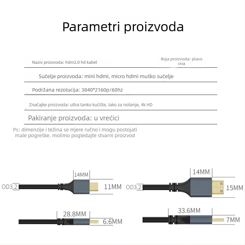 HDMI kabel za Mini HDMI/Mikro HDMI, 4K60Hz, HDMI 2.0, Sivi kućište
