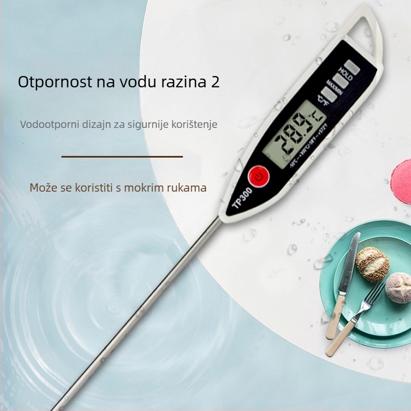 Pero-tip digitalni termometar za hranu s nehrđajućom sondom – mjerenje temperatura hrane, ulja i mlijeka; napaja AG13 baterijom