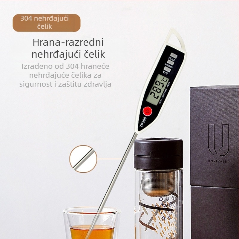 Pero-tip digitalni termometar za hranu s nehrđajućom sondom – mjerenje temperatura hrane, ulja i mlijeka; napaja AG13 baterijom