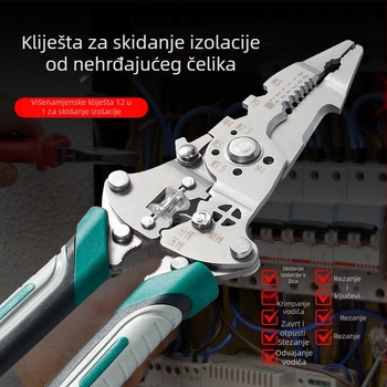 Električar: Nehrđajući čelik višefunkcionalni alat za skidanje izolacije s kablova – skidanje izolacije, rezanje, hvatanje; sklopivi dizajn; težina 0,21 kg
