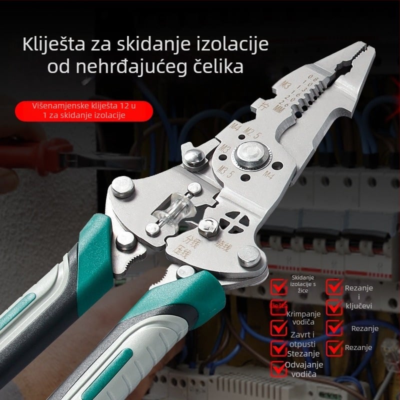 Električar: Nehrđajući čelik višefunkcionalni alat za skidanje izolacije s kablova – skidanje izolacije, rezanje, hvatanje; sklopivi dizajn; težina 0,21 kg