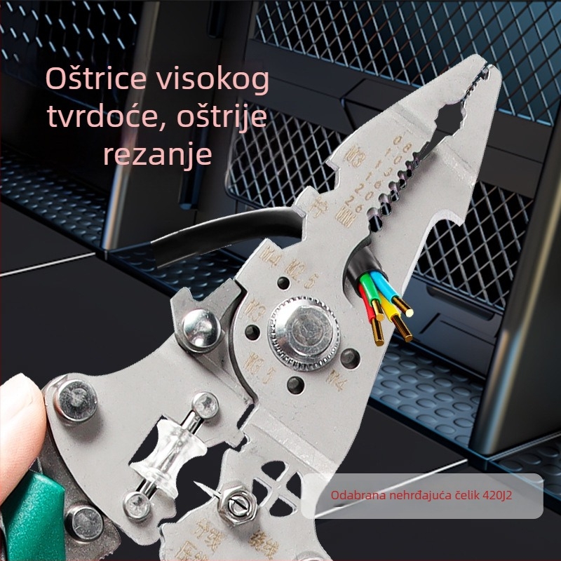 Električar: Nehrđajući čelik višefunkcionalni alat za skidanje izolacije s kablova – skidanje izolacije, rezanje, hvatanje; sklopivi dizajn; težina 0,21 kg
