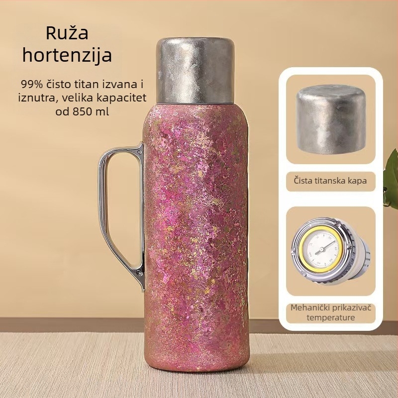 Titanijska izolirana termoska s titanovom ručkom, mehanički termometar i unutarnji poklopac, za ured i kućnu upotrebu