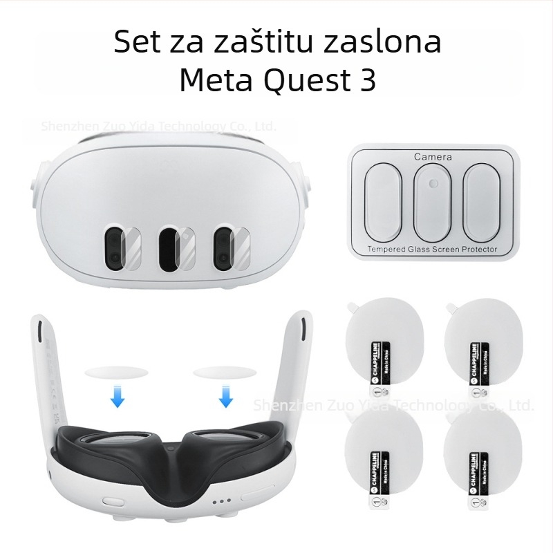 Set zaštitnih leća za Meta Quest 3: 3 komada staklenih zaštitnih leća i 4 TPU meke folije, precizno izrezani; kompatibilno s Meta Quest 3; veličina pakiranja 9.5×6.3×1.4 cm; težina 21.5 g; uključuje plastičnu kutiju i alkoholnu vrećicu.