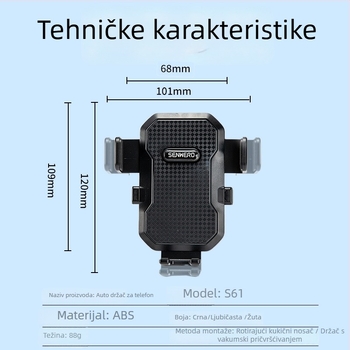 Držač za telefon u automobilu s usisnom čašicom, montaža na ploču, 360° rotacija, univerzalna kompatibilnost, 5W snage