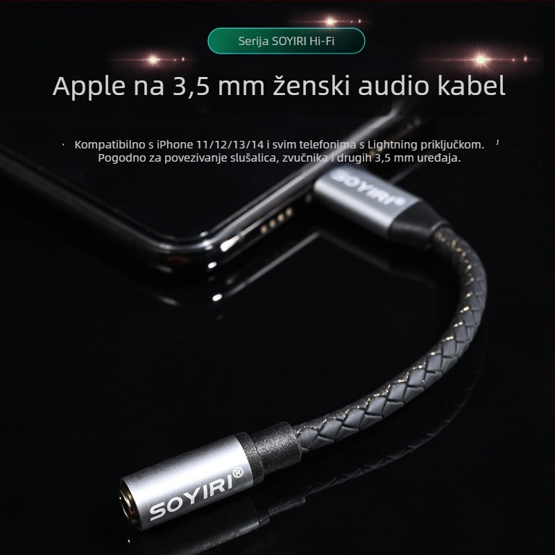 SOYIRI Lightning na 3,5 mm adapter za slušalice — pozlaćeni konektori, bakreni vodnik bez kisika, ROHS certificiran