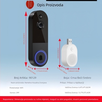 Vidljivo zvono za vrata s kamerom za kućno praćenje — bežično, real‑time, noćni vid; 18650 baterija, 3,7 V, model 90129-1, Ringtone: Ding Dong