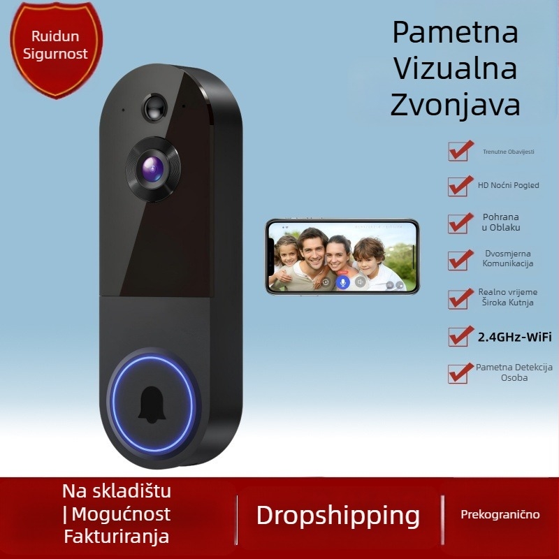 Vidljivo zvono za vrata s kamerom za kućno praćenje — bežično, real‑time, noćni vid; 18650 baterija, 3,7 V, model 90129-1, Ringtone: Ding Dong