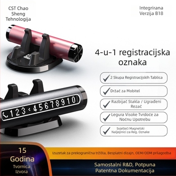 Automobilski 4-u-1 višenamjenski alat za hitne slučajeve: razbijač stakla, privremena oznaka za parkiranje, držač za telefon, skriveni dizajn – Model B18, metal, prilagodljiv logo, licencirana privatna etiketa