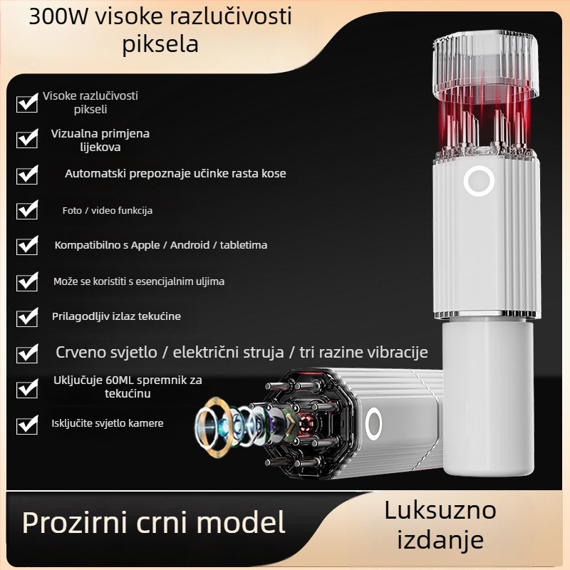 Vizualni aplikator za vlasište s HD kamerom, masaža mikrostrujom, vibracija s 3 brzine, terapija crvenim svjetlom; model YC-2418(C8); težina 275 g; uključuje masažni aplikator, podatkovni kabel, upute